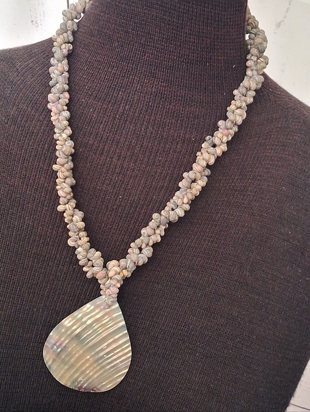 Natural Shell Teardrop Pendant Necklace in Soft Pink, Cream And Taupe